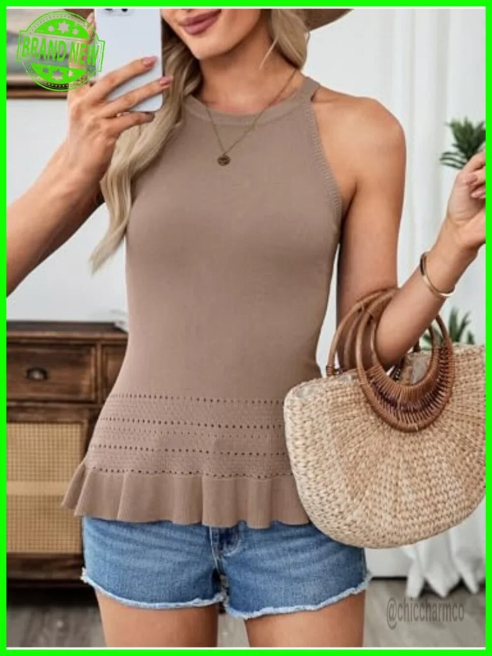 Crochet Crop Tank Top Sleeveless Halter Neck Ruffle Hem Knit Sweater Vest